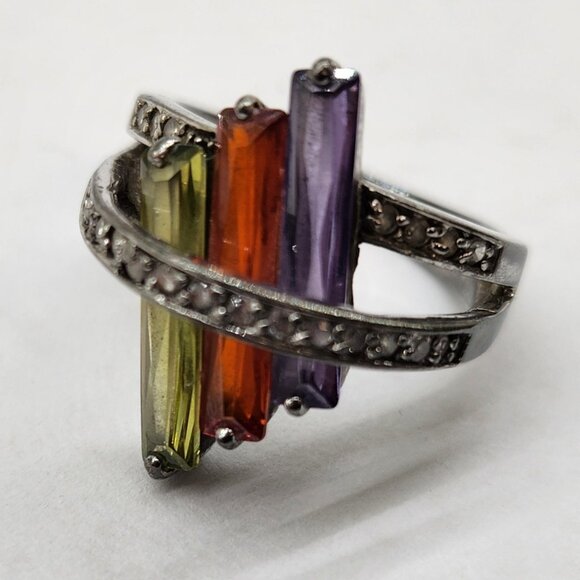 Y2K 925 Ring With Cubic Zirconia Colorful Crystals - Picture 2 of 8